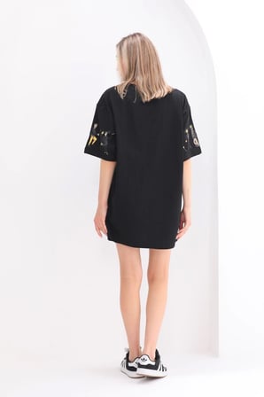 Kadın Kısa Kol Yazlık Tişört Bisiklet Yaka Baskılı Oversize T-Shirt - Siyah