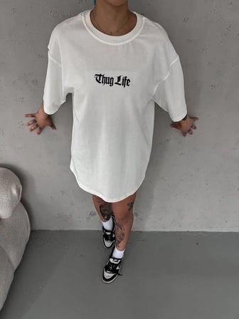 Kadın Kısa Kol Yazlık Tişört Bisiklet Yaka Baskılı Oversize T-Shirt - Beyaz