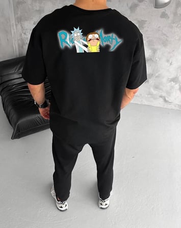 Erkek Kısa Kol Tişört Bisiklet Yaka RİCK AND MORTY Baskılı T-Shirt - Siyah