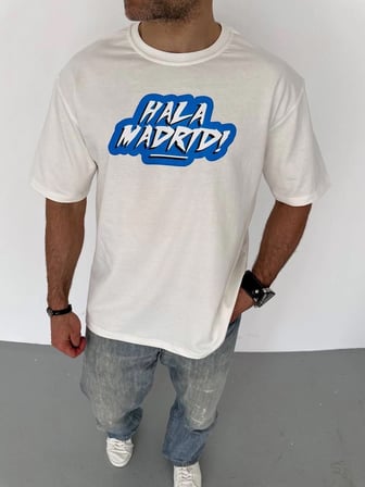 Erkek Kısa Kol Yazlık Tişört Bisiklet Yaka Baskılı Oversize T-Shirt - Beyaz