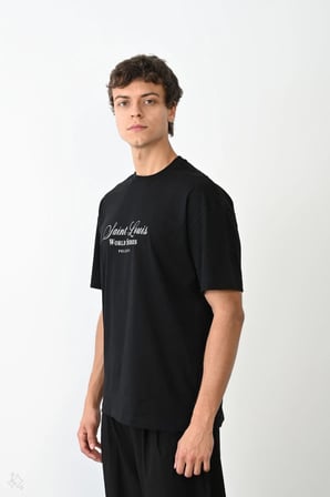 Erkek Kısa Kol Yazlık Tişört Bisiklet Yaka Baskılı Oversize T-Shirt - Siyah