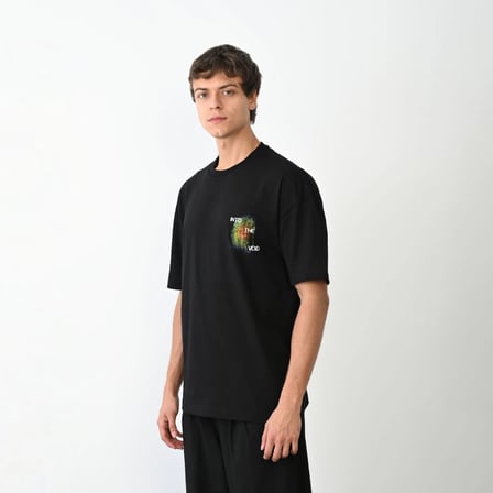 Erkek Kısa Kol Yazlık Tişört Bisiklet Yaka Baskılı Oversize T-Shirt - Siyah