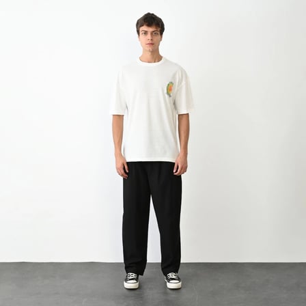 Erkek Kısa Kol Yazlık Tişört Bisiklet Yaka Baskılı Oversize T-Shirt - Beyaz