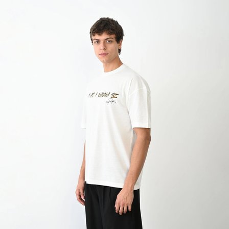 Erkek Baskılı T-Shirt Kısa Kol Bisiklet Yaka Regular Fit Rahat Kalıp Günlük Tişört- Beyaz