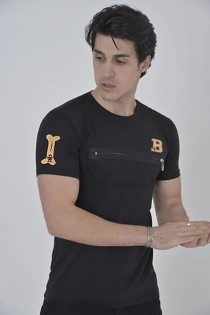 Erkek Baskılı T-Shirt Kısa Kol Bisiklet Yaka Göğüs Fermuarlı Slimfit Tişört  - Siyah