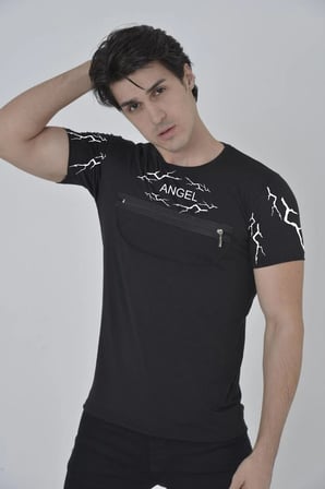 Erkek Baskılı T-Shirt Kısa Kol Bisiklet Yaka Göğüs Fermuarlı Slimfit Tişört  - Siyah