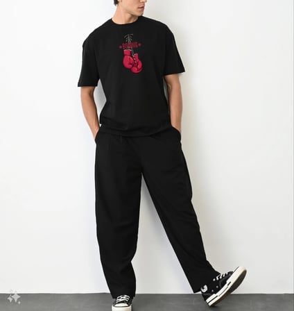 Erkek Boks Eldiven Baskılı T-Shirt Kısa Kol Bisiklet Yaka Regular Tişört - Siyah