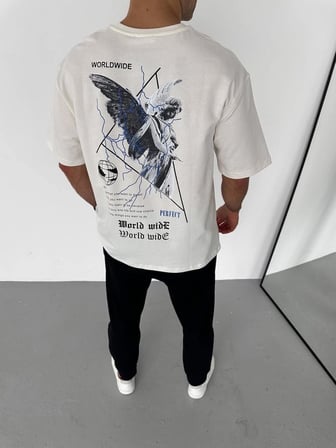 Erkek Yazlık Baskılı Tişört Bisiklet Yaka Kısa Kol Regular Fit T-Shirt - Beyaz