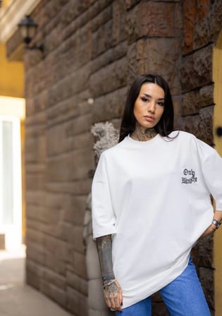 kadın Tişort Bisiklet Yaka Baskılı yazlık Kısa kol Oversize T-Shirt - Beyaz