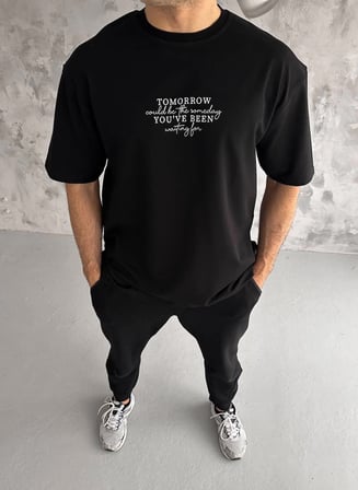 Erkek Kısa Kol Yazlık Tişört Bisiklet Yaka Baskılı Oversize T-Shirt - Siyah