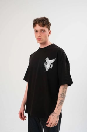 Erkek Kısa Kol Yazlık Tişört Bisiklet Yaka Baskılı Oversize T-Shirt - Siyah