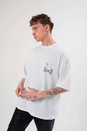 Erkek Kısa Kol Yazlık Tişört Bisiklet Yaka Baskılı Oversize T-Shirt - Beyaz