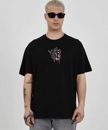 Erkek Kısa Kol Yazlık Tişört Bisiklet Yaka Baskılı Oversize T-Shirt -  Siyah