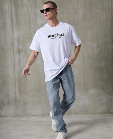 Erkek Kısa Kol Yazlık Tişört Bisiklet Yaka Baskılı Oversize T-Shirt - Beyaz