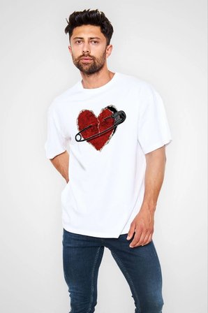 Erkek Kısa Kol Tişört Bisiklet Yaka KALP Baskılı Oversize T-Shirt - Beyaz