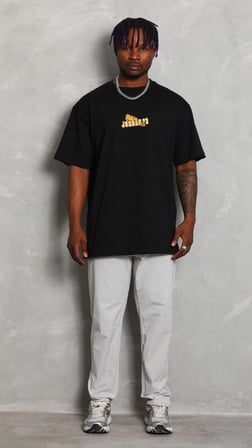 Erkek Kısa Kol Yazlık Tişört Bisiklet Yaka Baskılı Oversize T-Shirt - Siyah