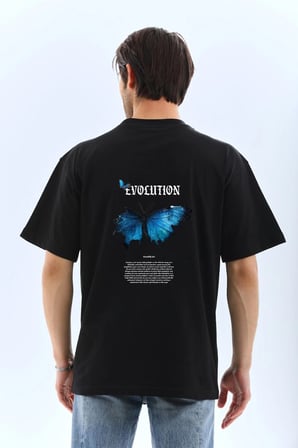 Erkek Kısa Kol Yazlık Tişört Bisiklet Yaka KELEBEK Baskılı  T-Shirt - Siyah