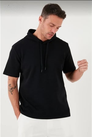 Erkek Kapüşonlu Tişört Kısa Kol Düz Oversize T-shirt - Siyah