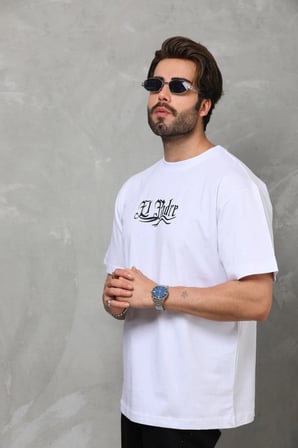 Erkek Kısa Kol Yazlık Tişört Bisiklet Yaka Baskılı Oversize T-Shirt - Beyaz