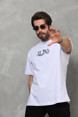 Erkek Kısa Kol Yazlık Tişört Bisiklet Yaka Baskılı Oversize T-Shirt - Beyaz