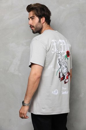 Erkek Kısa Kol Yazlık Tişört Bisiklet Yaka Baskılı Oversize T-Shirt - Gri