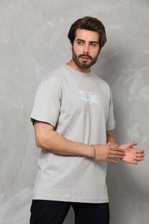 Erkek Kısa Kol Yazlık Tişört Bisiklet Yaka Baskılı Oversize T-Shirt - Gri