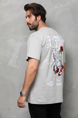 Erkek Kısa Kol Yazlık Tişört Bisiklet Yaka Baskılı Oversize T-Shirt - Gri