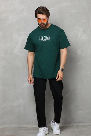 Erkek Kısa Kol Yazlık Tişört Bisiklet Yaka Baskılı Oversize T-Shirt - Yeşil