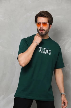 Erkek Kısa Kol Yazlık Tişört Bisiklet Yaka Baskılı Oversize T-Shirt - Yeşil