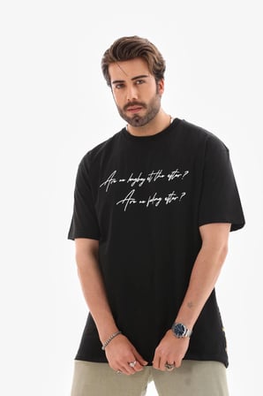Erkek Kısa Kol Yazlık Tişört Bisiklet Yaka Baskılı Oversize T-Shirt - Siyah