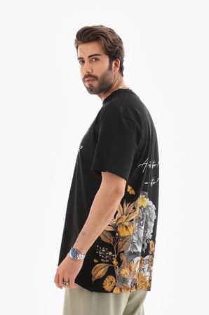 Erkek Kısa Kol Yazlık Tişört Bisiklet Yaka Baskılı Oversize T-Shirt - Siyah