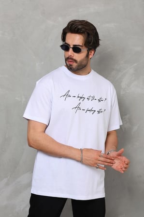 Erkek Kısa Kol Yazlık Tişört Bisiklet Yaka Baskılı Oversize T-Shirt - Beyaz