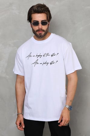 Erkek Kısa Kol Yazlık Tişört Bisiklet Yaka Baskılı Oversize T-Shirt - Beyaz