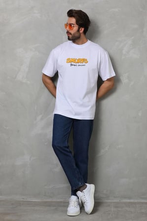 Erkek Kısa Kol Yazlık Tişört Bisiklet Yaka Baskılı Oversize T-Shirt - Beyaz