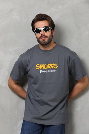 Erkek Kısa Kol Yazlık Tişört Bisiklet Yaka Baskılı Oversize T-Shirt - Füme