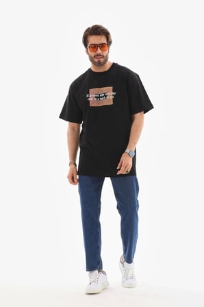 Erkek Baskılı T-Shirt Kısa Kol Bisiklet Yaka Regular Fit Rahat Kalıp Tişört -  Siyah