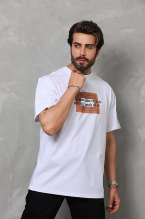 Erkek Baskılı T-Shirt Kısa Kol Bisiklet Yaka Regular Fit Rahat Kalıp Tişört -  Beyaz