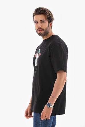 Erkek Baskılı T-Shirt Kısa Kol Bisiklet Yaka Regular Fit Rahat Kalıp Tişört -  Siyah