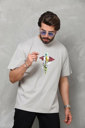 Erkek Baskılı T-Shirt Kısa Kol Bisiklet Yaka Regular Fit Rahat Kalıp Tişört -  Gri