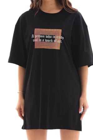 Kadın Baskılı T-Shirt Kısa Kol Bisiklet Yaka Oversize Rahat Kalıp Tişört - Siyah