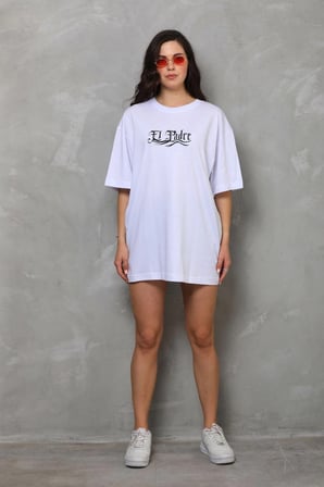 Kadın Kısa Kol Yazlık Tişört Bisiklet Yaka Baskılı Oversize T-Shirt - Beyaz