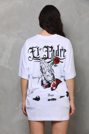 Kadın Kısa Kol Yazlık Tişört Bisiklet Yaka Baskılı Oversize T-Shirt - Beyaz