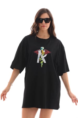 Kadın Baskılı T-Shirt Kısa Kol Bisiklet Yaka Regular Fit Rahat Kalıp Günlük Tişört -Siyah
