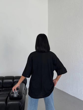 Kadın Düz T-Shirt Kısa Kol Bisiklet Yaka Oversize Tişört - Siyah