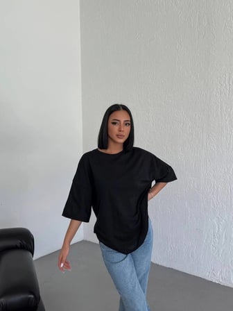 Kadın Düz T-Shirt Kısa Kol Bisiklet Yaka Oversize Tişört - Siyah