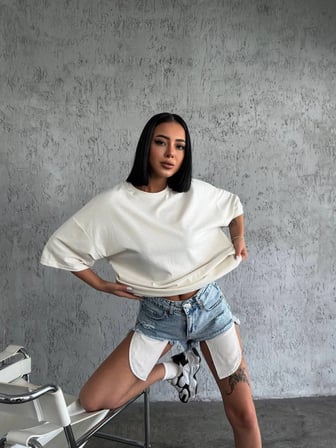 Kadın Düz T-Shirt Kısa Kol Bisiklet Yaka Oversize Rahat Kalıp Günlük Tişört - Beyaz