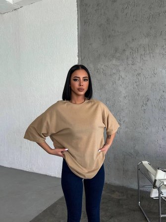 Kadın Düz T-Shirt Kısa Kol Bisiklet Yaka Oversize Rahat Kalıp Günlük Tişört - Bej