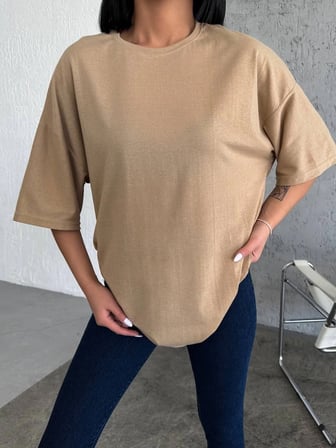 Kadın Düz T-Shirt Kısa Kol Bisiklet Yaka Oversize Rahat Kalıp Günlük Tişört - Bej