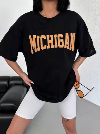 Kadın Baskılı T-Shirt Kısa Kol Bisiklet Yaka Oversize Tişört - Siyah