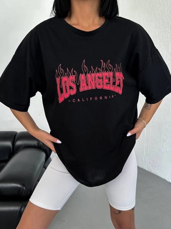 Kadın Kısa Kol Yazlık Tişört Bisiklet Yaka Los Angeles Baskılı T-Shirt - Siyah